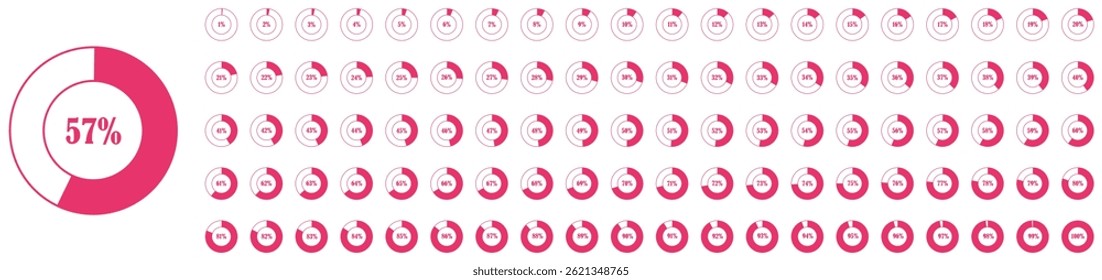 Diagramas de porcentaje de círculo establecidos del 1 al 100 por ciento sobre fondo blanco. gráficos circulares infográficos para informes de inicio. Infografía de gráfico circular para presentación en línea. Porcentaje de infografías de Vector