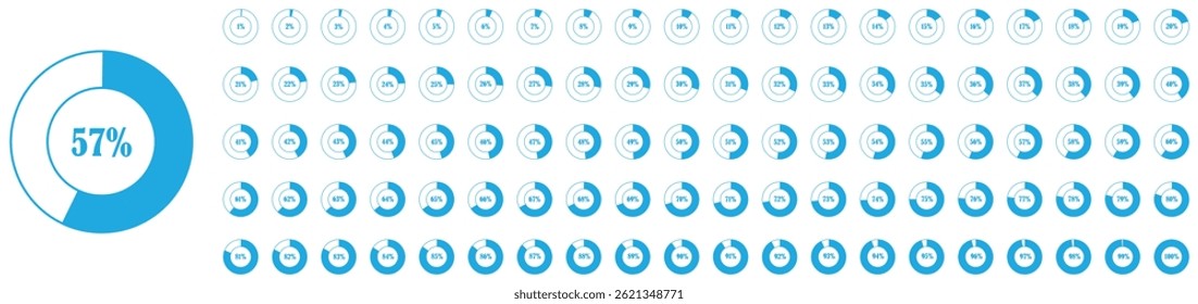 Diagrama porcentual de círculo establecido colección sobre fondo blanco. Porcentaje de Plantilla de infografía. Iconos de gráfico circular del 1 al 100 por ciento. Conjunto de barras de progreso de círculo con texto porcentual. Ilustración vectorial
