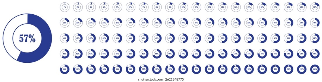  Os diagramas de porcentagem circulares definem a coleção de 1 a 100 por cento. Carregando design de círculo. Progressão de 1 a 100%. Layout do gráfico de pizza para painéis digitais. Ilustração vetorial