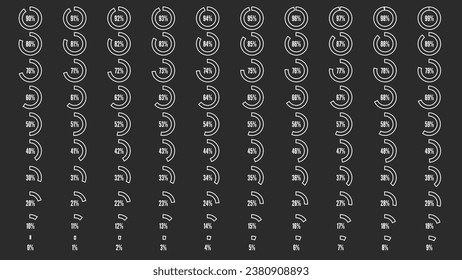 Percentage circle diagrams from 0 to 100. Set of sign icon for infographic. Big percent collection for user interface UI or business infographic. Black and white shapes. Vector illustration.