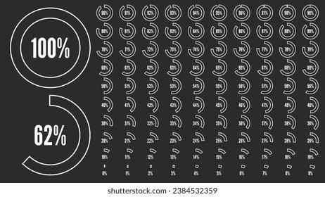 Percentage circle diagrams from 0 to 100. Set of sign icon for infographic. Big percent collection for user interface UI or business infographic. Black and white shapes. Vector illustration.