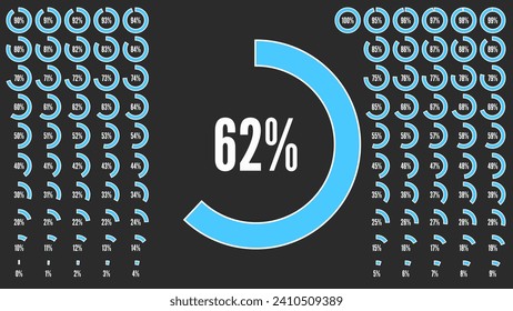 Percentage circle diagrams from 0 to 100. Set of sign icon for infographic. Big percent collection for user interface UI or business infographic. Blue and white shapes. Vector illustration.