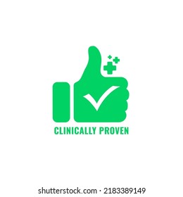 % percentage clinically proven. Green color thumb sign, emblem, label vector art illustration 