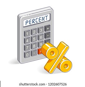 Percentage concept, calculator with percent symbol isolated on white background. Vector 3d isometric business and finance illustration.