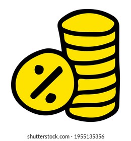 Percentage concept with stack of coins hand drawn doodle isolated.