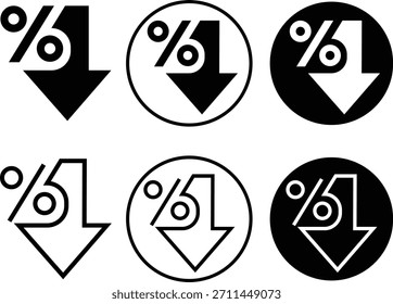 Setas de declínio percentual conjunto de ícones planos e de linha mostrando símbolos de porcentagem decrescente, indicador de tendência descendente, gráfico de diminuição financeira, sinal de queda econômica para análise de negócios e vetores de marketing.