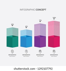 Percentage diagram presentation design elements. Percentage flask, rectangle columns, 3d chart of data with icons. Modern percent infographic. EPS10 