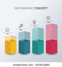 Percentage diagram presentation design elements. Percentage flask, rectangle columns, 3d chart of data with icons. Modern percent infographic. EPS10 