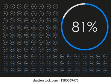 Percentage diagram set. Progress or loading circle symbols. Pie Chat from 1 to 100 percent for infographic design. Vector illustration.