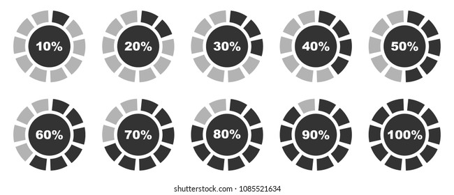 Percentage diagrams set, percentage loading indicators 10 20 30 40 50 60 70 80 90 100 percent %, vector illustration.