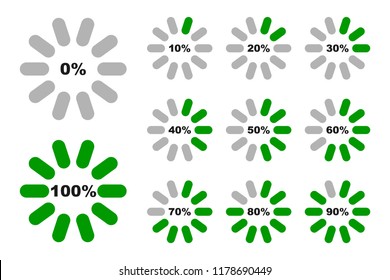 Percentage diagrams set, percentage loading indicators 0 10 20 30 40 50 60 70 80 90 100 percent %, vector illustration.