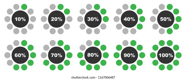 Percentage diagrams set, round grey and green percentage indicators 10 20 30 40 50 60 70 80 90 100 percent %, vector illustration.