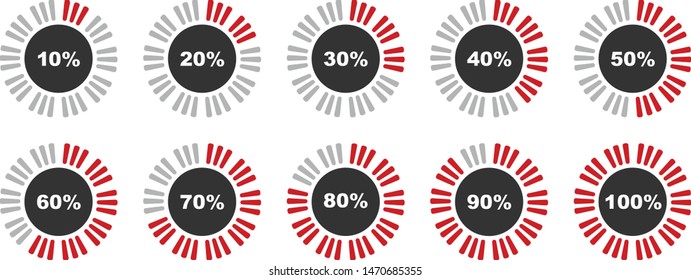 Percentage diagrams set, slightly rounded percentage indicators 10 20 30 40 50 60 70 80 90 100 percent %, vector illustration.