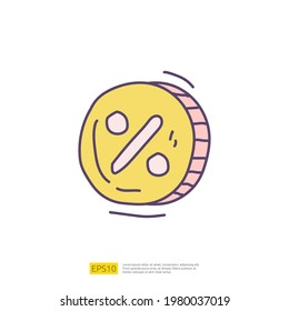 Percentage Discount Coin Icon Sign Symbol With Doodle Hand Drawn Style Vector Illustration