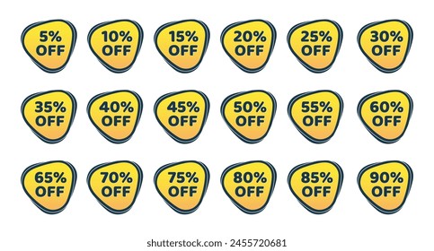 Percentage discount offer sale tags set in yellow triangle design. Discount sale off tag, 50, 20, 10, 40, 30, 60, 70, 45, 90, 5, 15 percent. Flat offer stamp, sticker clearance. Vector sale sticker.