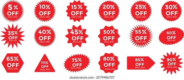 Percentage discount offer sale tags set in rounded zig zag circle. Special offer discount. Discount sale off tag, 90, 85, 80, 75, 70, 65, 60, 55, 50, 45, 40, 35, 30, 25, 20, 15, 10 