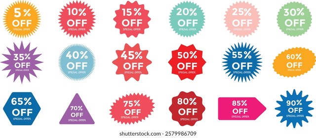 Percentage discount offer sale tags set in rounded zig zag circle. Special offer discount. Discount sale off tag, 90, 85, 80, 75, 70, 65, 60, 55, 50, 45, 40, 35, 30, 25, 20, 15, 10 