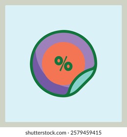 Percentage discount sticker icon with folded corner in purple green and coral color