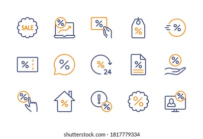 Percentage discount, vector color linear icons set in minimal style. Sale management. Coupon, percent discounts, online buying, surprise present  and more. Simple symbol discount for business.