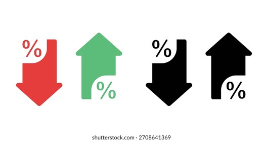 Vector de conjunto de iconos de flecha arriba y abajo. Crecimiento financiero, caída de Precios, tasa de descuento y símbolo de análisis estadístico.