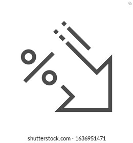 Percentage, down arrow vector icon. Financial, interest, rate, profit, price, commission, tax, loan, money, cost, earn or income in positive direction i.e. increase, growth, grow up, upward. 48x48 px 