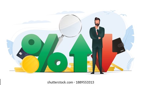 Percentage with up and down arrows. A businessman is pondering an idea. Wallet, bank card, graph, magnifier. The concept of trading and trading on the finance exchange. Vector.