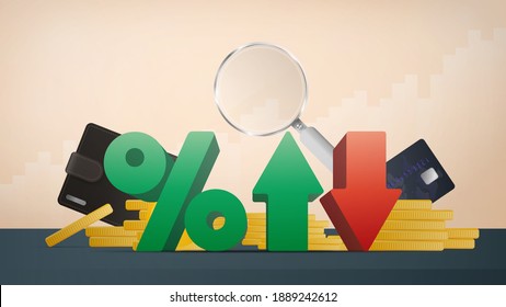 Percentage with up and down arrows, gold coins, bank card, magnifier. Stock market investment trading concept. 