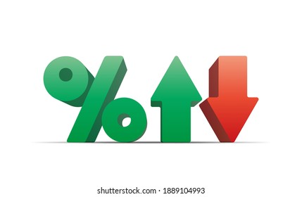 Percentage with up and down arrows isolated on white background. High quality 3D rendering.