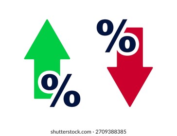 Porcentaje con el icono de línea de flechas arriba y abajo. Símbolo de porcentaje que muestra aumento y disminución. El análisis financiero muestra las tendencias bancarias, crediticias, de tasas de interés, estadísticas y económicas.