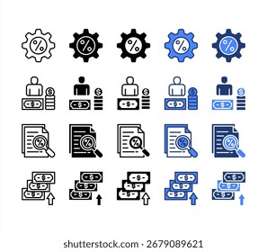 Percentage, Earning, Evaluating, Yiel, multiple style icon set.