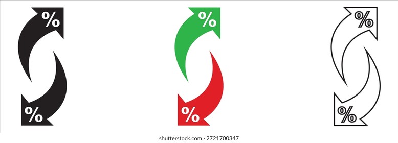 Porcentaje de flechas de intercambio financiero hacia arriba y hacia abajo Iconos. Flechas con símbolos porcentuales en diferentes estilos y colores, que representan tipos de cambio, descuentos, cambios financieros o ciclos económicos.