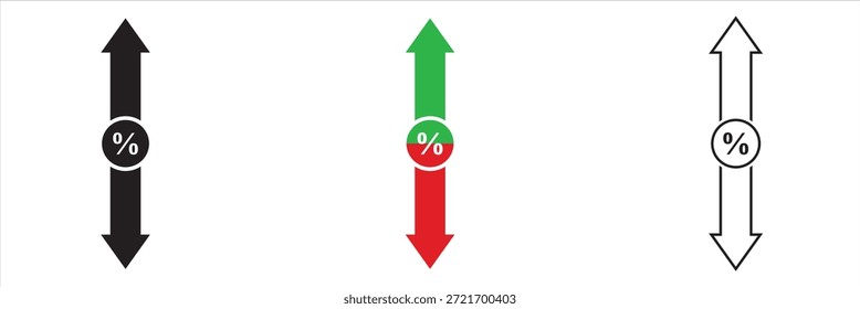 Porcentaje de flechas de intercambio financiero hacia arriba y hacia abajo Iconos. Flechas con símbolos porcentuales en diferentes estilos y colores, que representan tipos de cambio, descuentos, cambios financieros o ciclos económicos.