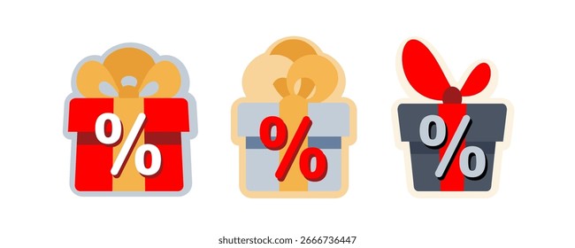 Conjunto de iconos de caja de regalo de porcentaje. Presente el esquema de la caja de regalo, caja de regalo de bonificación simple o Ilustración vectorial de paquete de vacaciones, pictograma sorpresa de cumpleaños
