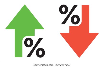 Iconos de crecimiento y disminución porcentual. Porcentaje con flechas arriba y abajo. Flecha con icono de porcentaje. Ilustración del vector