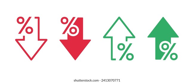 Juego de iconos de crecimiento y disminución porcentual. Icono de flecha de porcentaje hacia arriba y hacia abajo. Ilustración del vector