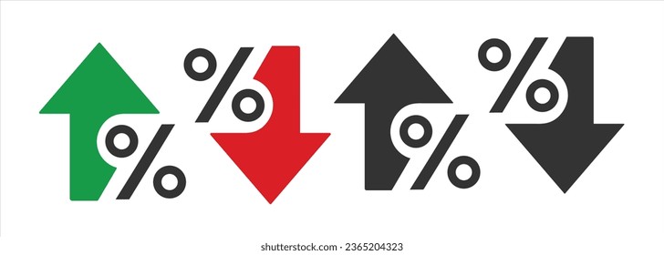 Percentage growth. Percent arrow up and down flat style symbol. Decline icons