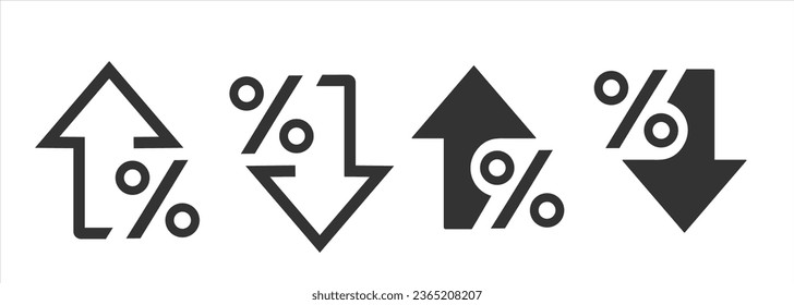 Percentage growth. Percent arrow up and down flat style symbol. Decline icons