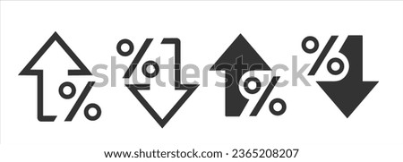 Percentage growth. Percent arrow up and down flat style symbol. Decline icons