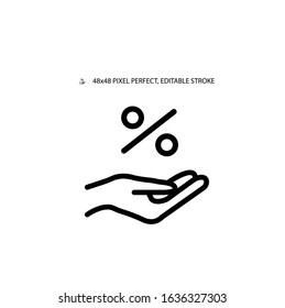 Percentage in hand , credit and loan simple line icon vector illustration.Editable stroke. 48x48 Pixel Perfect.