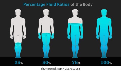 Percentage of human in blue liquid, man, male body. Rate, proportion h2o, water. Full, half %  0 25 50 75. Energy, battery steps. Gray blue boy figures draw set. Black background. Illustration vector