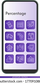 percentage icon set. included calendar, online shop, shirt, closed, discount, delivery truck, placeholder, credit card, barcode, trolley icons on phone design background . linear styles.