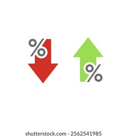 Percentage increase and decrease vector. Percentage with arrow up and down, line icon. Percentage arrow with percent sign. Design concept for money increment and money sphere.