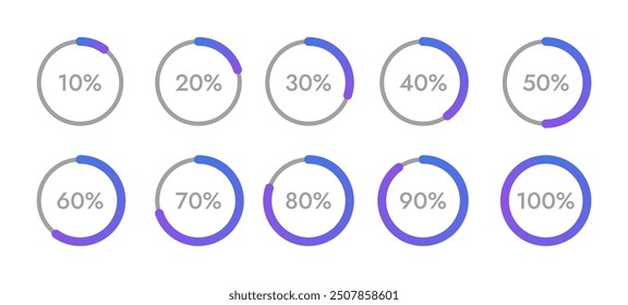 Percentage Indicator Icons. Set of Circle Progress Indicator Diagrams from 10 to 100 Percent. Vector Illustration for User Interface (UI), Web Design, Business Infographics, Presentation.