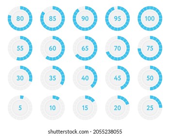 Percentage infographic progress diagrams circles. Blue percent pie charts. Vector illustration
