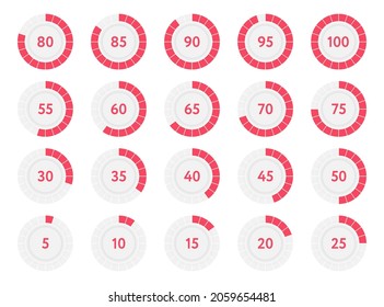 Percentage infographic progress diagrams circles. Red percent pie charts. Vector illustration