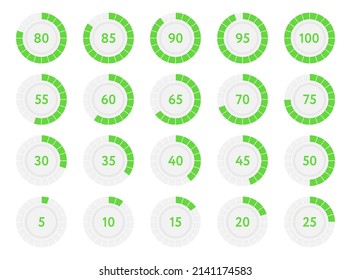 Percentage infographic progress diagrams circles. Green percent pie charts. Vector illustration