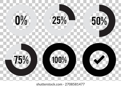 Elementos infográficos de porcentagem. Modelo de indicador de gráficos de pizza de preenchimento de cor azul, preto e cinza. Conjunto de progresso de carregamento do gráfico de círculo. Coleção de ícones redondos de diagramas para infográfico. Eps 10. 