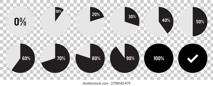 Elementos infográficos de porcentagem. Modelo de indicador de gráficos de pizza de preenchimento de cor azul, preto e cinza. Conjunto de progresso de carregamento do gráfico de círculo. Coleção de ícones redondos de diagramas para infográfico. Eps 10. 