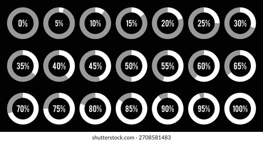 Percentage infographics elements. Blue, black, grey color fill pie charts indicator template. Circle graph loading progress set. Collection of round diagrams icons for infographic. Eps 10. 