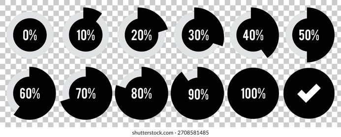 Elementos infográficos de porcentagem. Modelo de indicador de gráficos de pizza de preenchimento de cor azul, preto e cinza. Conjunto de progresso de carregamento do gráfico de círculo. Coleção de ícones redondos de diagramas para infográfico. Eps 10. 